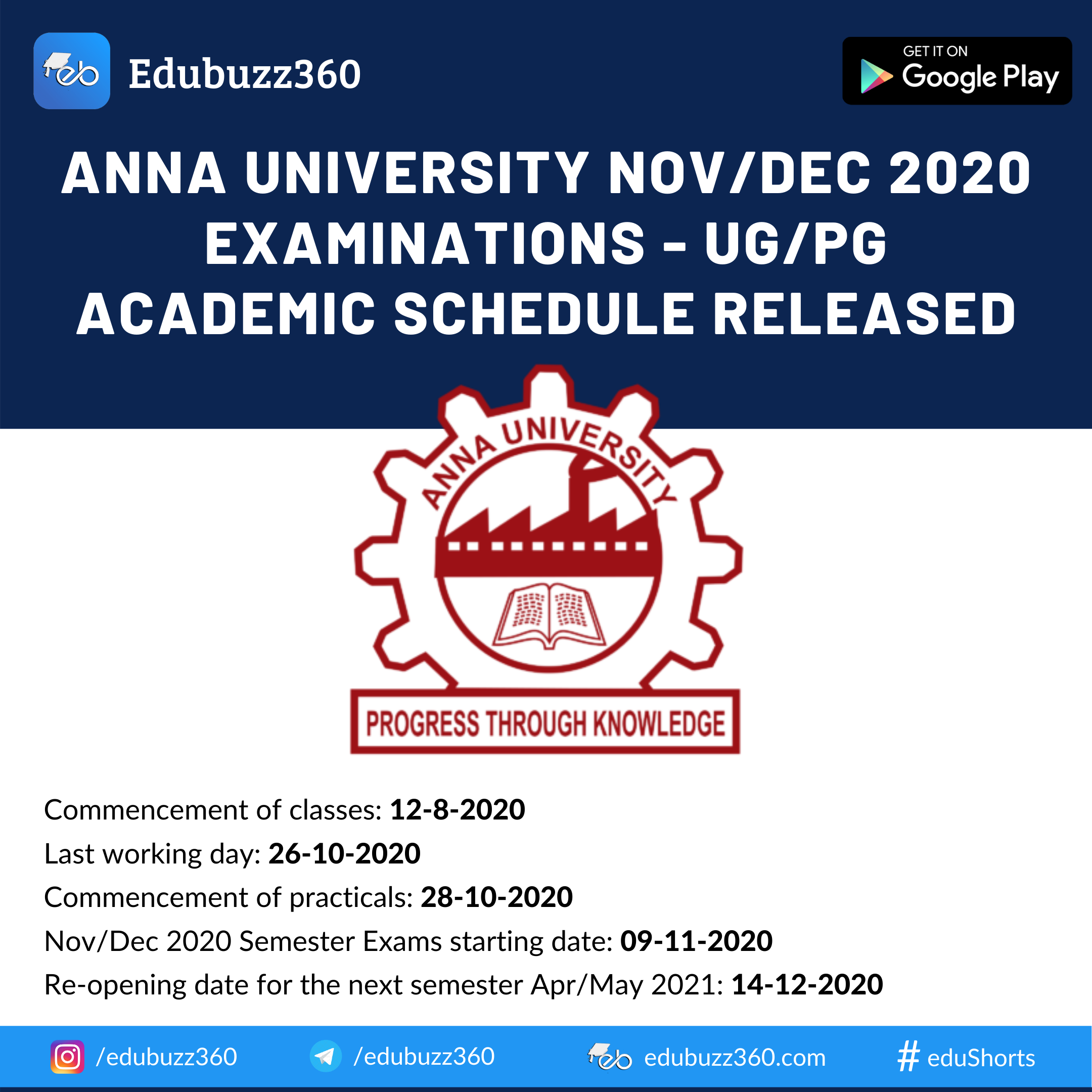 Anna University Nov/Dec 2020 Examinations – UG/PG Academic Schedule: